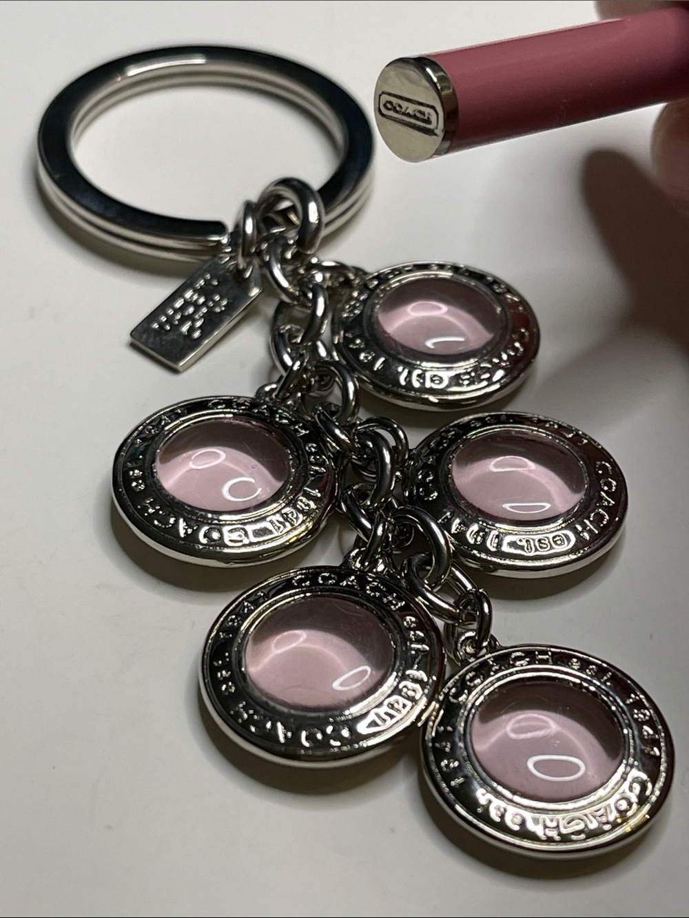Coach Silver Keyring with Pink Enamel Disc Charms and Coach Pen - Picture 5 of 6